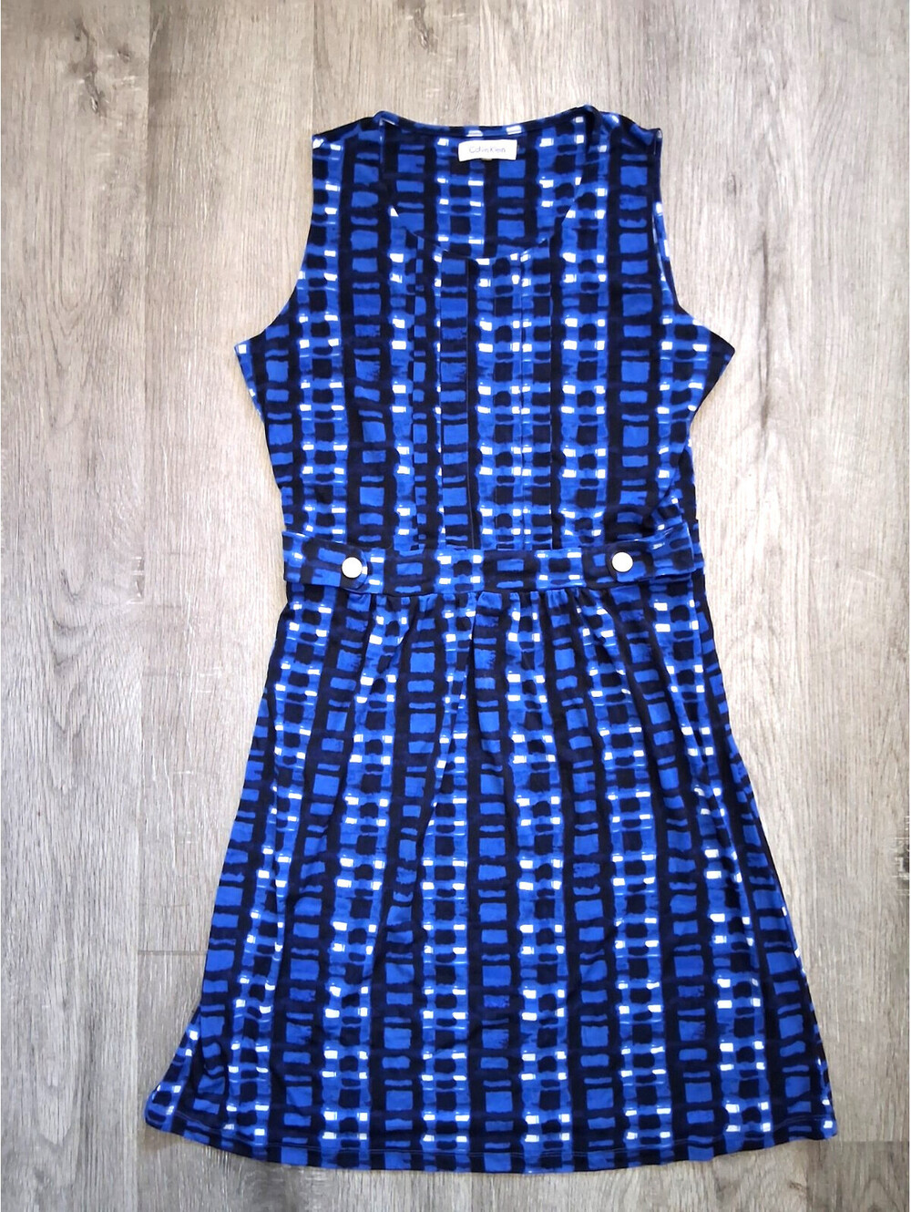 Calvin Klein Woman's 4/6 (s) Sleeveless A-Line Blue/Black Mod Button Waist Dress
